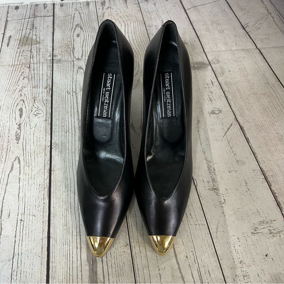 Stuart Weitzman Vintage Heels Black Gold Cap Toe Size 9 SS Narrow Leather READ - Picture 14 of 16